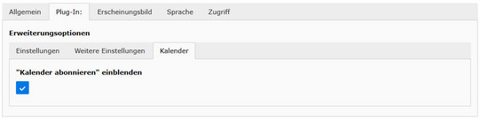 Veranstaltungskalender Reiter Kalender TYPO3-Backend: Plugin-Einstellungen eines Veranstaltungskalenders, Reiter „Kalender" mit aktivierter Kalender-Abonnieren-Option