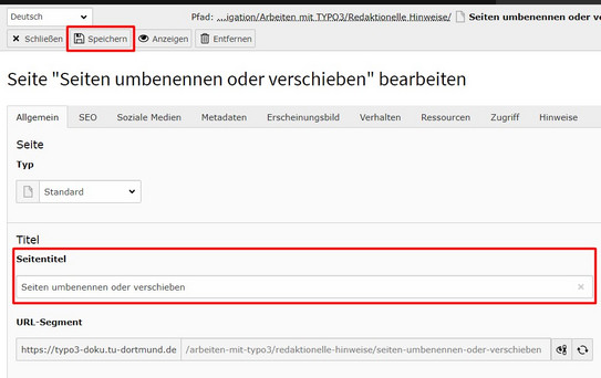 Seitentitel ändern Screenshot des TYPO3-Backends zeigt Änderung des Seitentitels in den Seiteneigenschaften