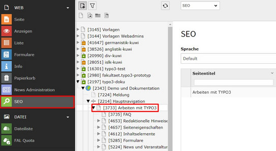 Screenshot des Backend zeigt hervorgehobenes SEO-Modul in der Navigationsleiste