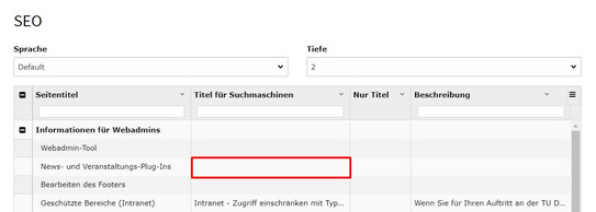 Funktionen der Tabelle 2 Screenshot des TYPO3 Backends zeigt markierte Zelle der Ergebnis-Tabelle des SEO-Moduls