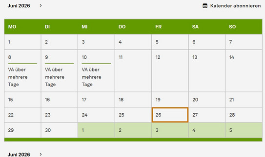 Mehrtägige Veranstaltung im Kalender Monatsansicht eines Veranstaltungskalenders mit einer mehrtägigen Veranstaltung, die sich über mehrere aufeinanderfolgende Tage erstreckt