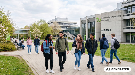 AI generated - A group of diverse, laughing students walks across the TU Dortmund campus, with the Audimax and Central Library visible in the background.