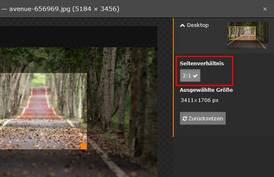 Screenshot des TYPO3-Backends zeigt Bildeditor mit möglichen Bildausschnitt für das Inhaltselement Bildkachel