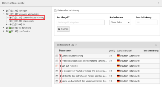 Screenshot des Menüs Datensatz einfügen