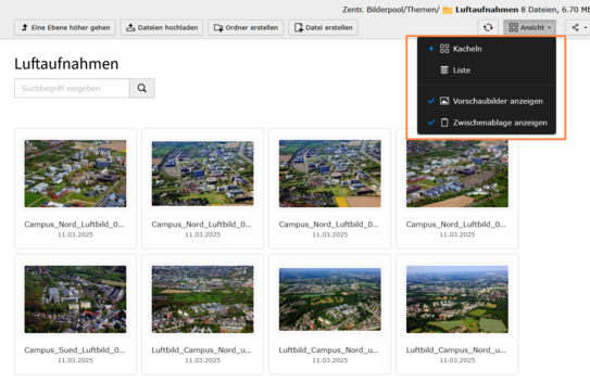 Screenshot: Ein Auschnitt aus der Dateiliste mit sechs Bildern und dem Anischtsmenü oben rechts