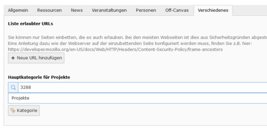 Hauptkategorie für Projekte in Auftrittsverwaltung Screenshot der Auftrittsverwaltung mit Eingabefeld für Projekt-Hauptkategorie