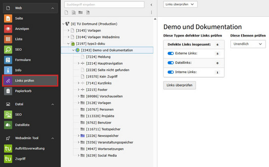 Open Link Validator Screenshot of the TYPO3 backend showing how to open the Link Validator