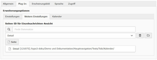 Veranstaltungskalender Reiter weitere Einstellungen TYPO3-Backend: Plugin-Einstellungen eines Veranstaltungskalenders, Reiter „Weitere Einstellungen" mit konfigurierter Detailseite für die Einzelansicht