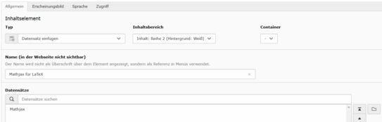 Mathjax mittels des Inhaltselements "Datensatz einfügen" einfügen