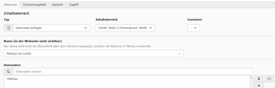 Insert Mathjax using the “Insert data set” content element Insert Mathjax using the “Insert data set” content element