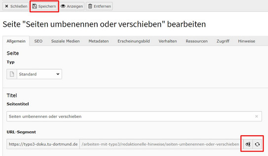 Anpassung des URL-Segments Screenshot des TYPO3-Backends zeigt Anpassung des URL-Segments