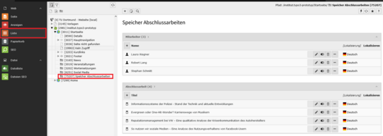 Screenshot der Backendansicht eines Ordners mit Abschlussarbeiten und Mitarbeitern