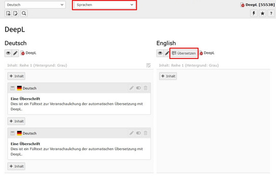Zweispaltige Ansicht Screenshot des TYPO3-Backends zeigt zweispaltige Ansicht des Arbeitsbereichs