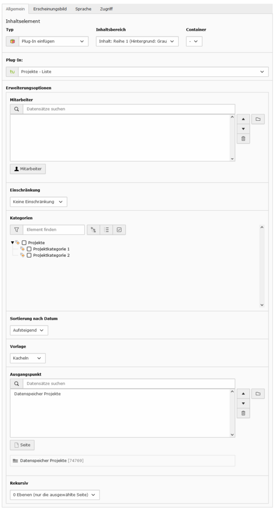 Screenshot einer Eingabemaske für das Plugin "Projekte - Liste"