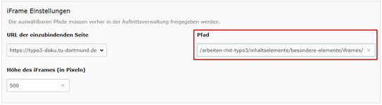 iFrame Beispiel 2 - Ausgabe einer konkreten Unterseite Screenshot des TYPO3 Backends - zeigt Einstellungen, um eine konkrete Unterseite in einem iFrame auszugeben