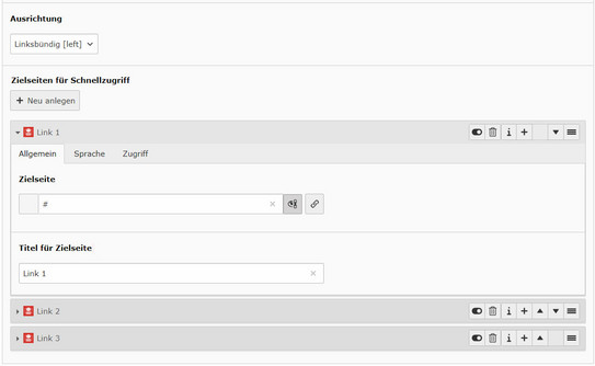 Screenshot of the TYPO3 backend showing configuration of the Quick Access content element.