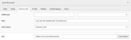 Screenshot des TYPO3 Backends zeigt Setzen eines externen Link im Link Browser.