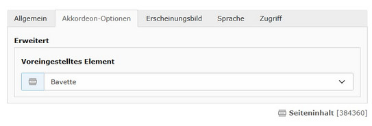 Screenshot of the TYPO3 backend showing the Accordion Options tab with the “Bavette” accordion item selected.