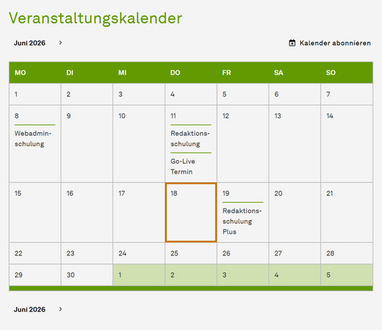 Veranstaltungskalender Screenshot einer Monatsansicht des TYPO3-Veranstaltungskalenders für Juni 2026. Eingetragene Termine sind: Webadminschulung am 8. Juni, Redaktionsschulung und ein Go-Live Termin am 11. Juni sowie eine Redaktionsschulung Plus am 19. Juni. Der aktuelle Tag, der 18. Juni, ist orange umrandet.