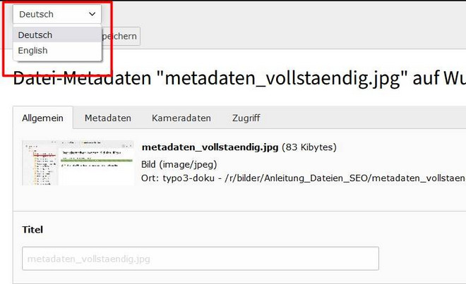 Screenshot des TYPO3 Backends zeigt wechsel zwischen den Sprachversionen bei übersetzten Metadaten