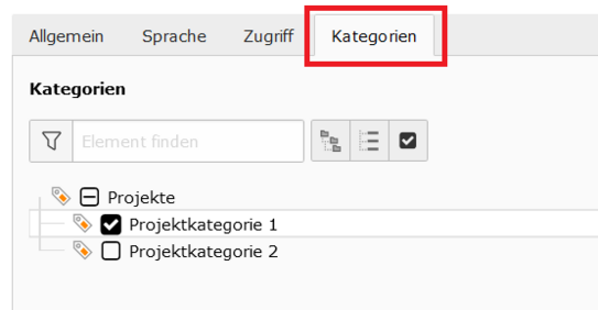 Reiter Kategorien Screenshot des Reiters Kategorien