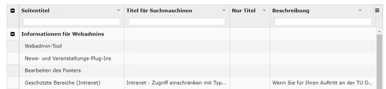 Screenshot des TYPO3 Backends zeigt Ansicht der Kategorie SEO des SEO-Moduls