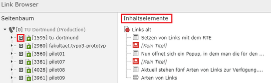 Screenshot des TYPO3 Backends - zeigt die Auswahl von Ankerlinks über den Link-Browser