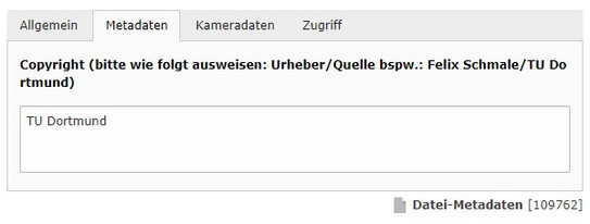 Screenshot des TYPO3-Backends zeigt Eingabe von Metadaten im gleichnamigen Reiter.