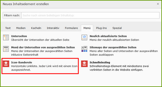 Icon-Banderole auswählen Screenshot des TYPO3-Backends zeigt, wie das Inhaltselement Icon-Banderole ausgewählt wird.