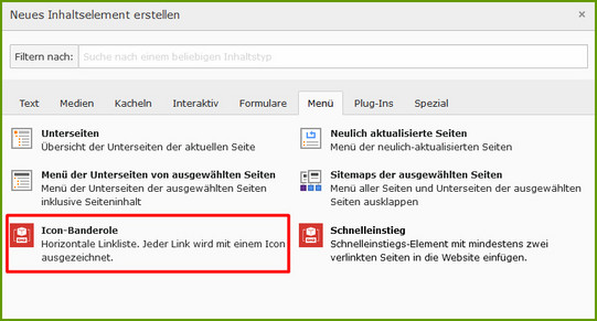 Screenshot des TYPO3-Backends zeigt, wie das Inhaltselement Icon-Banderole ausgewählt wird.