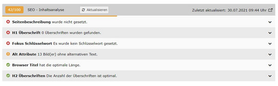 Screenshot des TYPO3 Backends zeigt Ansicht der Kategorie Evaluierung des SEO-Moduls