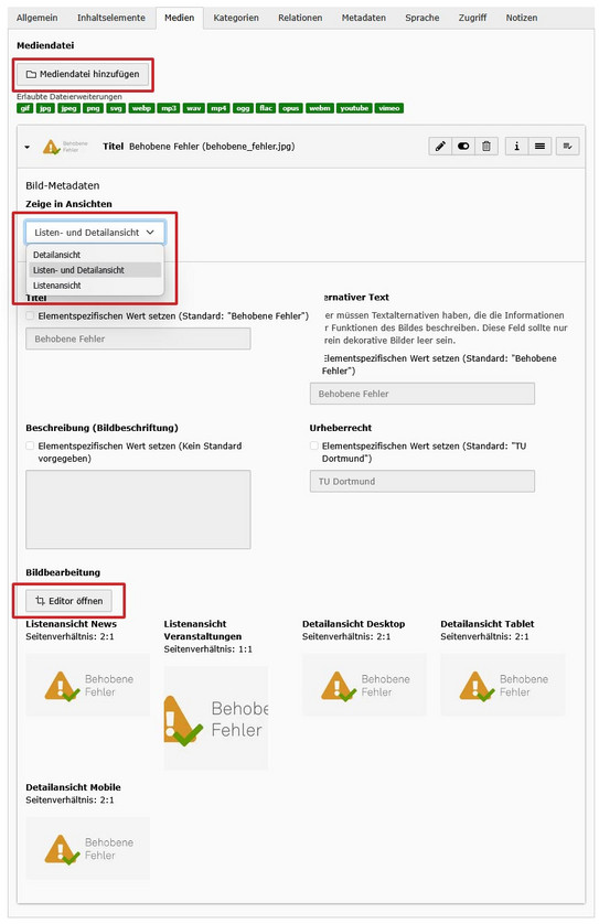 Screenshot des TYPO3 Backends zeigt Einstellungen im Reiter "Medien"