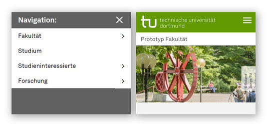 Screenshot der mobilen Haupt- und Unternavigation - zeigt fehlerhafte Darstellung