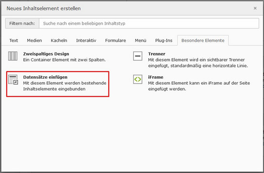 Datensätze einfügen Screenshot des TYPO3 Backends zeigt Auswahl des Inhaltselements Datensätze einfügen