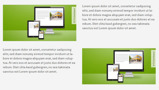 Screenshot: Ansicht von zwei Inhaltselementen mit Bild und Text in einer Desktop-Auflösung. Das Bild steht jeweils einmal links oder rechts neben dem Text. 