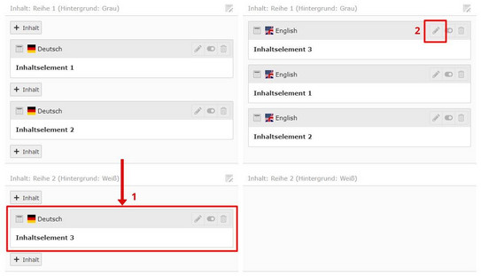 Inhaltselement in einen anderen Inhaltsbereich verschieben Screenshot des TYPO3 Backends zeigt Verschieben eines Inhaltselements in einen anderen Inhaltsbereich
