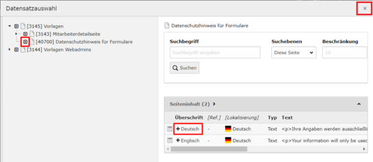Inhaltselement mit Inhalt befüllen 2 Screenshot des TYPO3 Backends zeigt Overlay-Fenster mit Seitenbaum und Auswahl des Inhaltselements mit dem Datenschutzhinweis