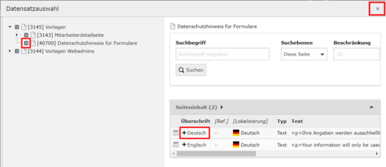 Inhaltselement mit Inhalt befüllen 2 Screenshot des TYPO3 Backends zeigt Overlay-Fenster mit Seitenbaum und Auswahl des Inhaltselements mit dem Datenschutzhinweis