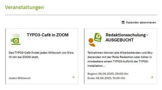 Screenshot zeigt "Kalender abonnieren" Button ober von Veranstaltungskacheln.