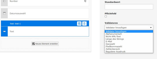 Screenshot des TYPO3 Backends - zeigt Dropdown-Menü zur Auswahl von Validatoren