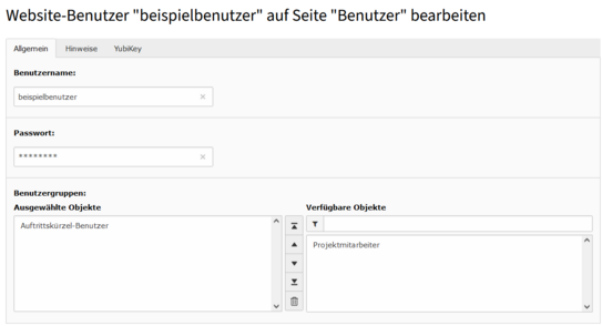 Bearbeiten eines Webseitenbenutzers