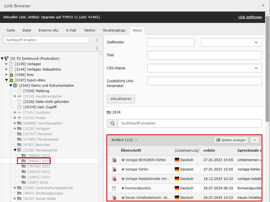 Screenshot des TYPO3-Backends zeigt Setzen eines Links auf einen Newsbeitrag.