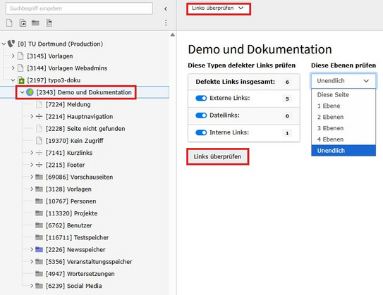 Checking links and generating a report Screenshot of the TYPO3 backend showing how to check links and generate a report