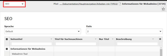 Screenshot des Backends zeigt markiertes Dropdown-Menü zur Auswahl der Kategorien im SEO-Modul