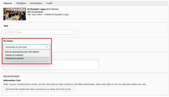 Der Screenshot zeigt die Kennzeichnung KI-generierter Bilder in den Metadaten des Bildes im TYPO3-Backend.