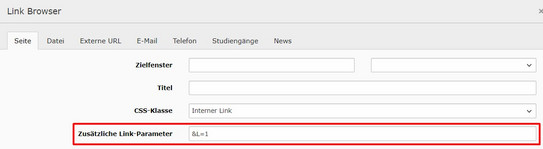 Screenshot des TYPO3 Backends zeigt Link-Parameter bei Link auf übersetzte Version einer Seite