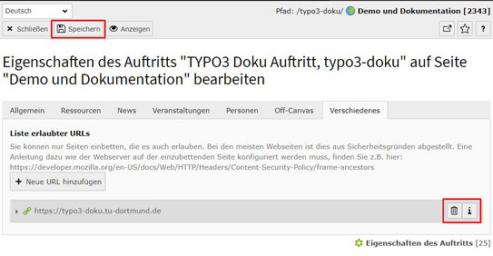 iFrame - URL entfernen Screenshot des TYPO3 Backends - zeigt das Löschen einer URL aus der Liste der erlaubten URLs für iFrames