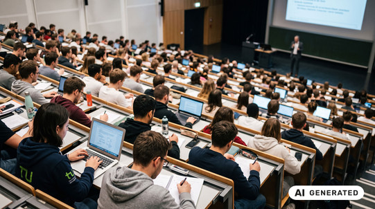AI generated - A view from the back of a busy, modern lecture hall. Students are seated at wooden desks, many working on laptops, while a lecturer speaks at the front.