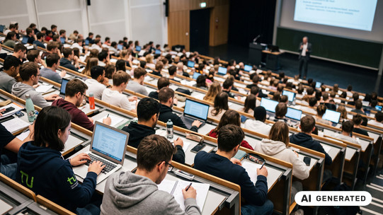 AI generated - Ein gut besuchter, moderner Hörsaal von hinten aufgenommen. Studierende sitzen an Holztischen, viele arbeiten an Laptops, und vorne hält eine Dozentin eine Vorlesung.