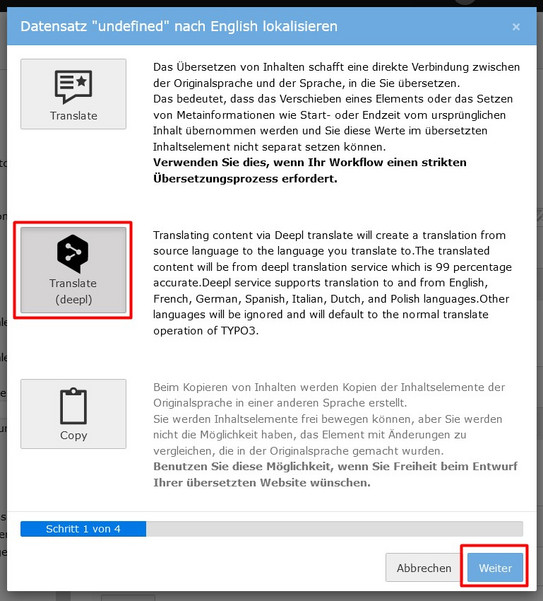 Inhaltselemente übersetzen – Schritt 1 Screenshot des TYPO3-Backends zeigt Overlay-Fenster beim Übersetzen von Inhaltselementen